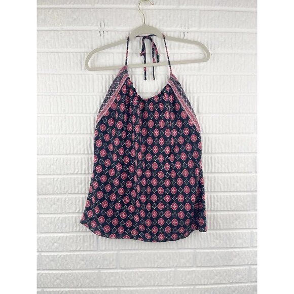 LOFT Blouse Large Sleeveless Satin Halter Neck Geometric Print - Picture 1 of 7